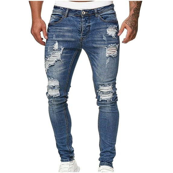 Bazeneo Mens Jeans Ripped Jeans with Pockets Slim Fit Denim Trousers High Stretch Skinny Jean Trouser Vintage Washed Color Bottoms Smart Casual Pants for Men Daily Wear M-3XL