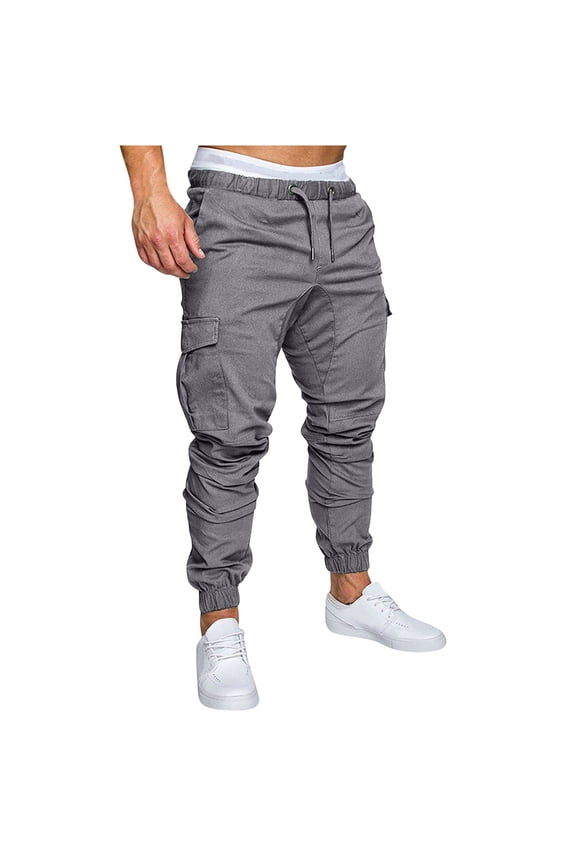 Mens Joggers Bottoms Cotton Cargo Trousers Elastic Waist Drawstring Gym Trouser Solid Colour Slim Fit Combat Pants Multi Pocket Workwear Workout Pants for Running Large