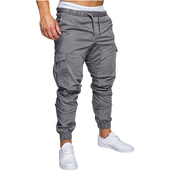 Bazeneo Mens Joggers Bottoms Cotton Cargo Trousers Elastic Waist Drawstring Gym Trouser Solid Colour Slim Fit Combat Pants Multi Pocket Workwear Workout Pants for Running Large