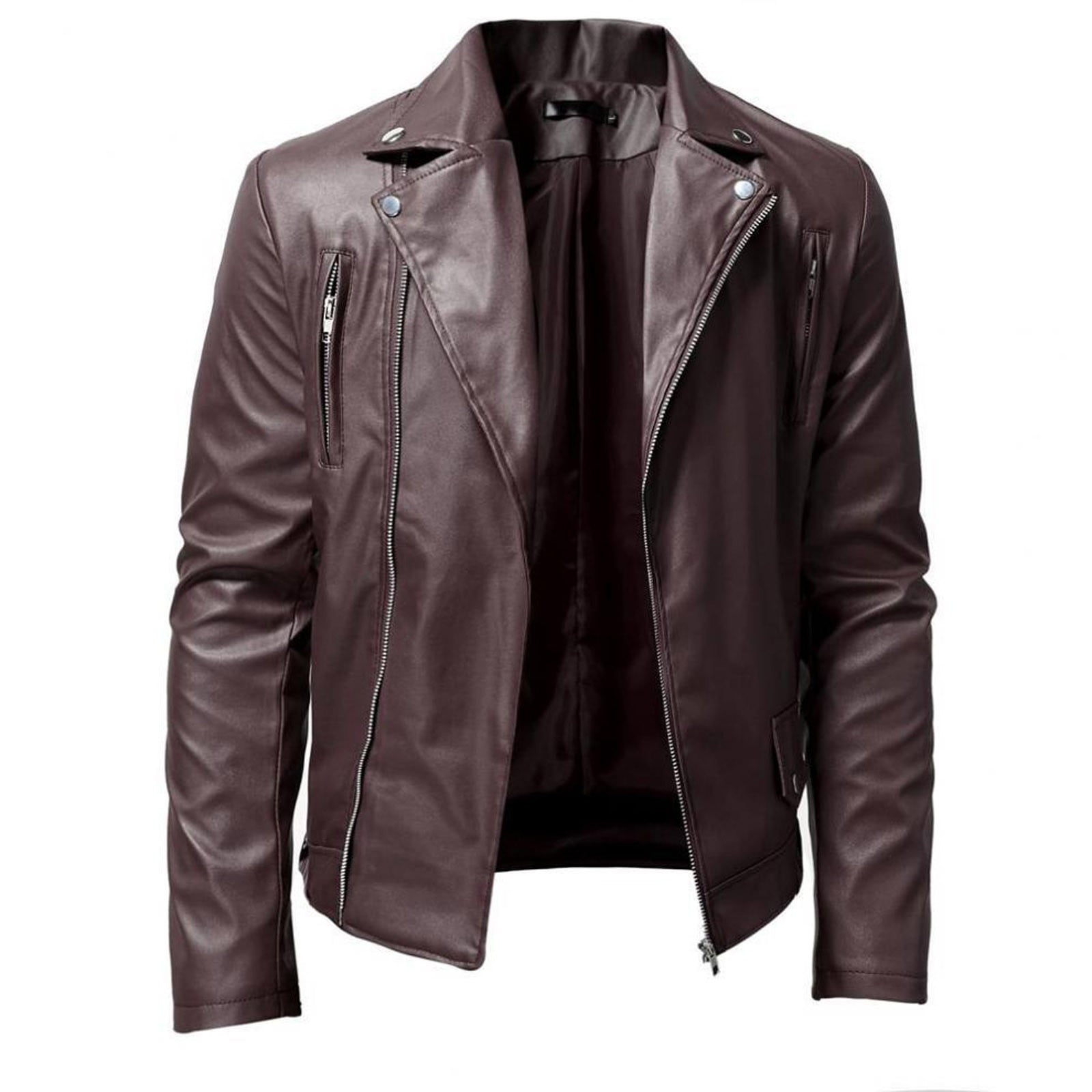 Bazeneo Mens Leather Jackets Faux Leather Motorcycle Jackets Pu Long Sleeve Biker Jacket Vintage Plain Colour Fitted Coats Full Zip Collar Casual Outwear Punk Clothes for Men