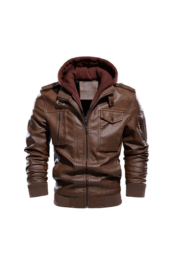 Mens Leather Jackets with Hood Faux Leather Bomber Jackets Long Sleeve Fitted Biker Jacket Western Style Full Zip Pu Outwear Retro Pilot Jacket with Pockets Autumn Coats