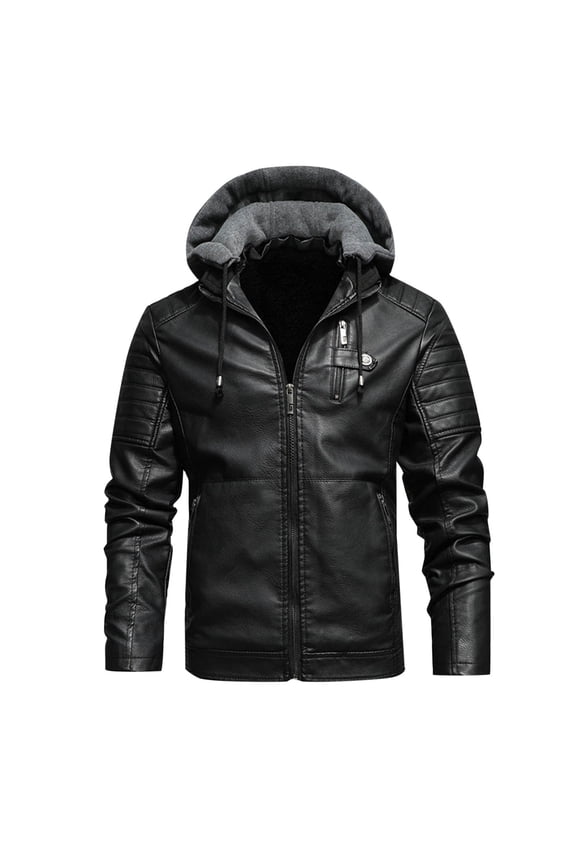 Mens Leather Jackets with Removable Hood Winter Fleece Faux Leather Jacket Thick Warm Zip Up Motorcycle Jacket Long Sleeve Hooded Biker Jackets Retro Fitted Casual Outwear
