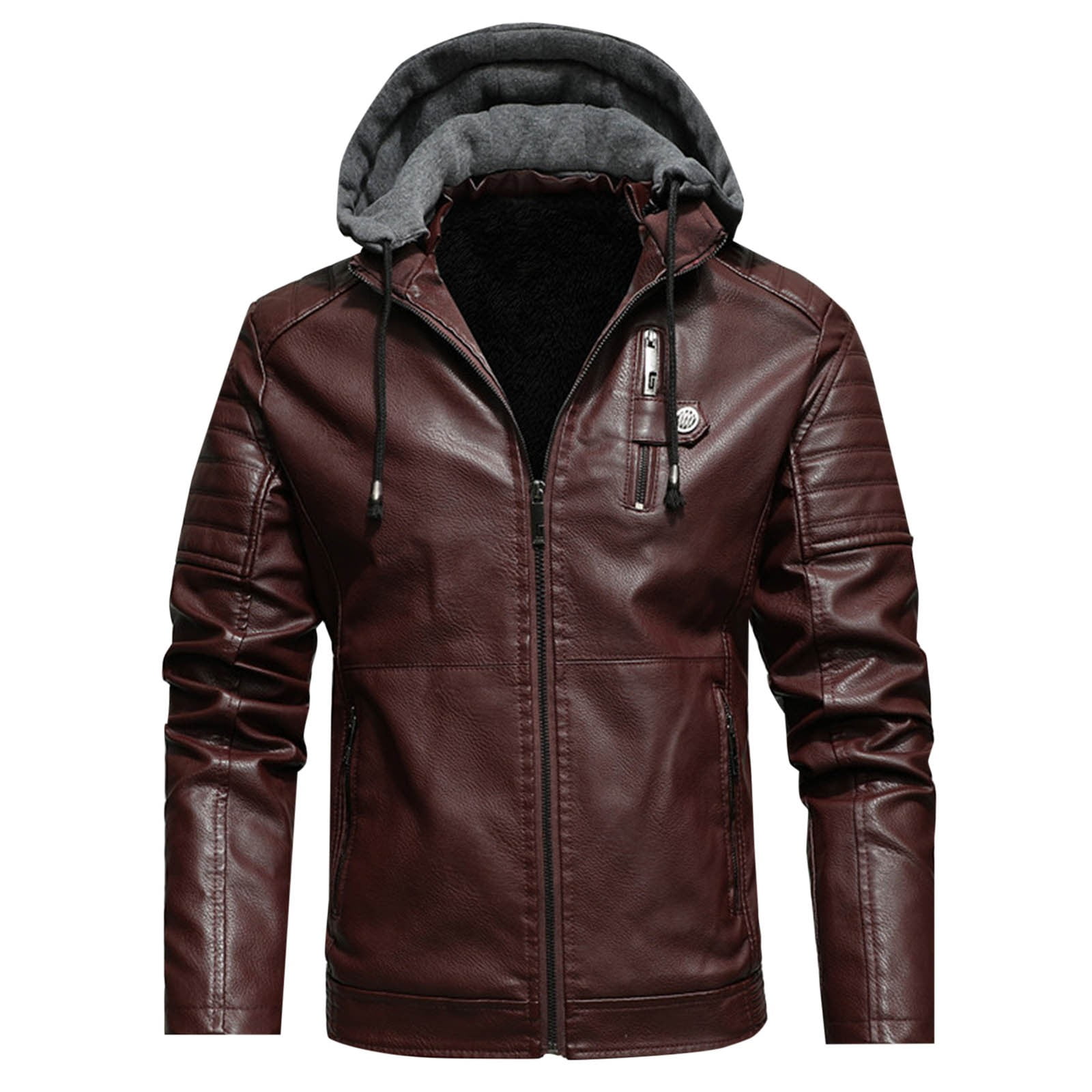 Bazeneo Mens Leather Jackets with Removable Hood Winter Fleece Faux Leather Jacket Thick Warm Zip Up Motorcycle Jacket Long Sleeve Hooded Biker Jackets Retro Fitted Casual Outwear