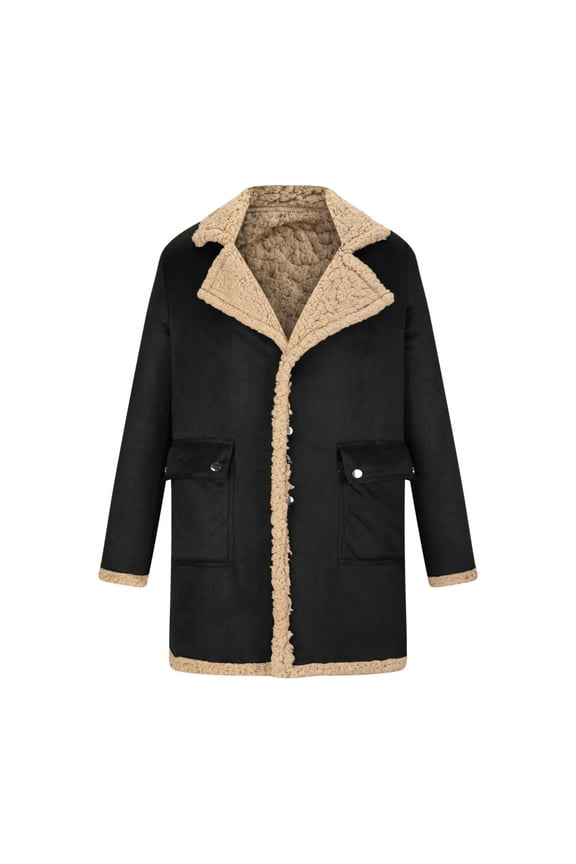 Mens Leather Jackets Winter Fleece Faux Leather Jacket Faux Shearling Mid Length Overcoats Long Sleeve Thick Warm Trench Coats Lapel Collar Punk Jacket Casual Windbreaker