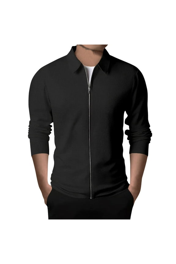 Mens Lightweight Jackets Spring Waffle Bomber Jacket Long Sleeve Slim Fit Casual Jackets Plain Turn Down Collar Coats Breathable Full Zip Sports Coat Lounge Wear for Men