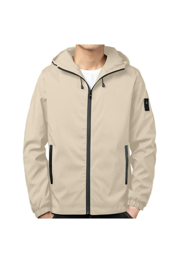 Mens Lightweight Waterproof Jackets with Hood Smart Casual Rain Jacket Solid Plain Hooded Windbreaker Water Resistant Raincoat Outdoor Active Wear for Cycling Travel Large