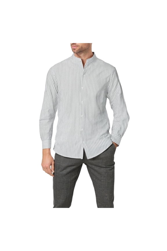 Mens Linen Shirts Long Sleeve Dress Shirts Grandad Collar Button Up Formal Shirt Classic Fit Striped Shirt Lightweight Business Casual Tops Spring Summer Daily Wear for Men