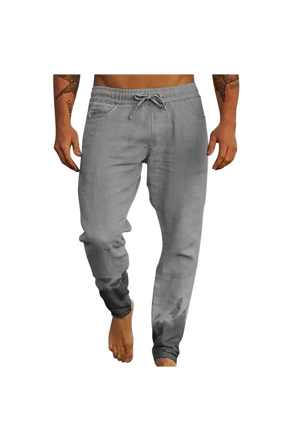 Mens Linen Trousers Plus Size Casual Beach Trouser Elasticated Waist Relaxed Fit Pants Plain Colour Drawstring Bottoms Breathable Lounge Wear with Pockets Summer Bottom S-5XL