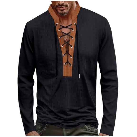 Bazeneo Mens Long Sleeve T Shirt Lace Up Waffle T-Shirts Medieval Revival Regular Fit Tshirt Colour Block Stand Collar Tee Shirts Smart Casual Designer Tops Retro Clothing for Men