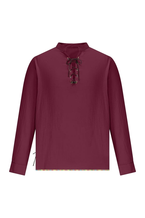 Mens Long Sleeve T Shirt Medieval Revival Tshirts for Men Lace Up Stand Collar T-Shirts Plain Colour Designer Tee Shirt Regular Fit Casual Menswear Vintage Cosplay Tops