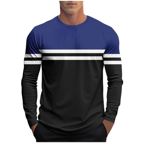 Bazeneo Mens Long Sleeve T Shirts Regular Fit Designer T-Shirt Crew Neck Gym Tshirts Contrast Stripe Smart Sports Tees Moisture Wicking Activewear Jogging Cycling Clothes for Men