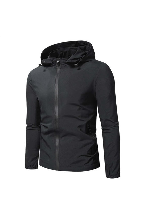 Mens Rain Jacket Waterproof Jackets with Detachable Hood Lightweight Windproof Raincoat Plain Colour Zipper Windbreaker Breathable Shell Jackets for Travelling Camping Tall
