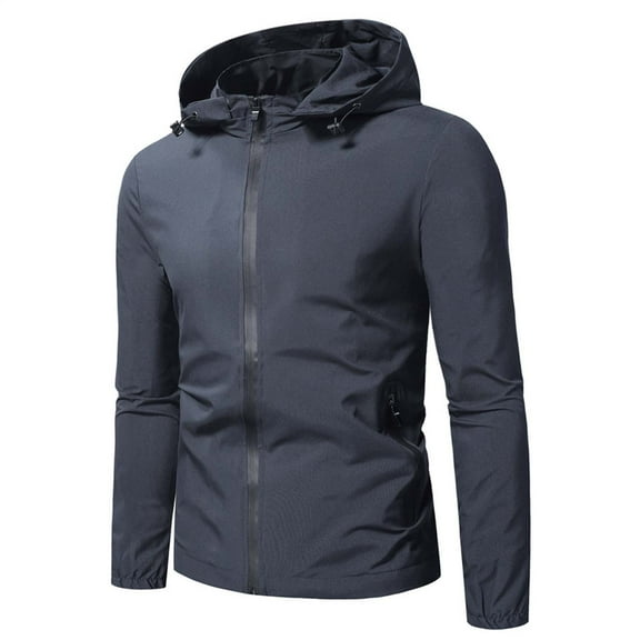 Bazeneo Mens Rain Jacket Waterproof Jackets with Detachable Hood Lightweight Windproof Raincoat Plain Colour Zipper Windbreaker Breathable Shell Jackets for Travelling Camping Tall