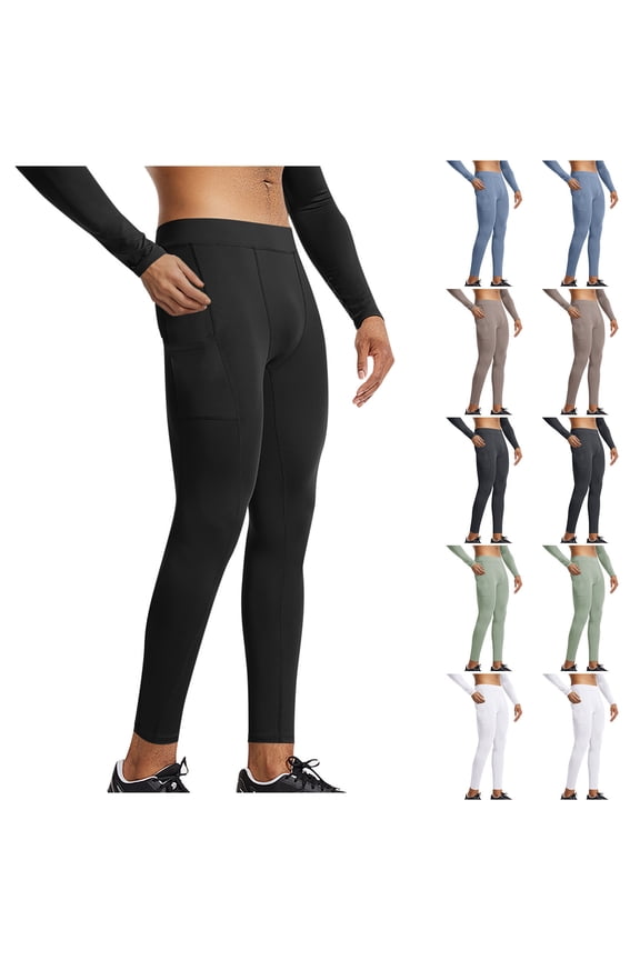 Mens Running Leggings with Pockets Gym Compression Pants High Waisted Stretch Sports Tights Muscle Fit Base Layer Trousers Training Cycling Yoga Leggings for Men M-3XL