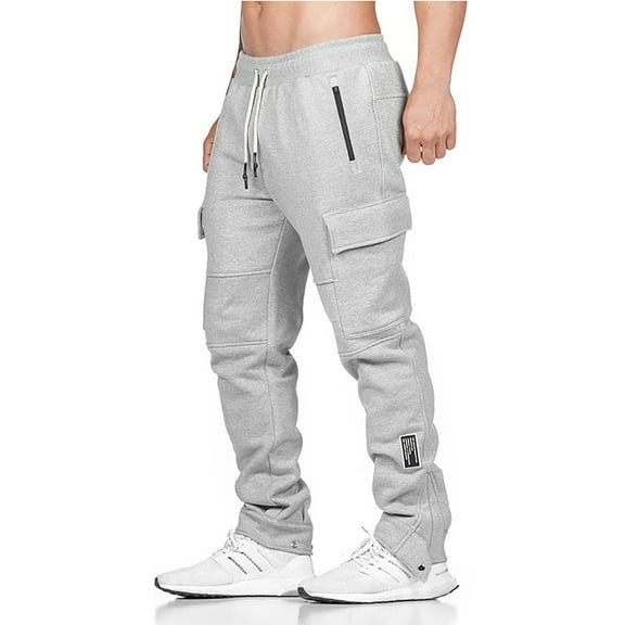 Bazeneo Mens Sweatpants with Zip Pockets Cotton Gym Trousers Elastic Waist Drawstring Track Bottoms Multi Pocket Patchwork Sports Trouser Solid Loose Fit Pants Activewear for Men