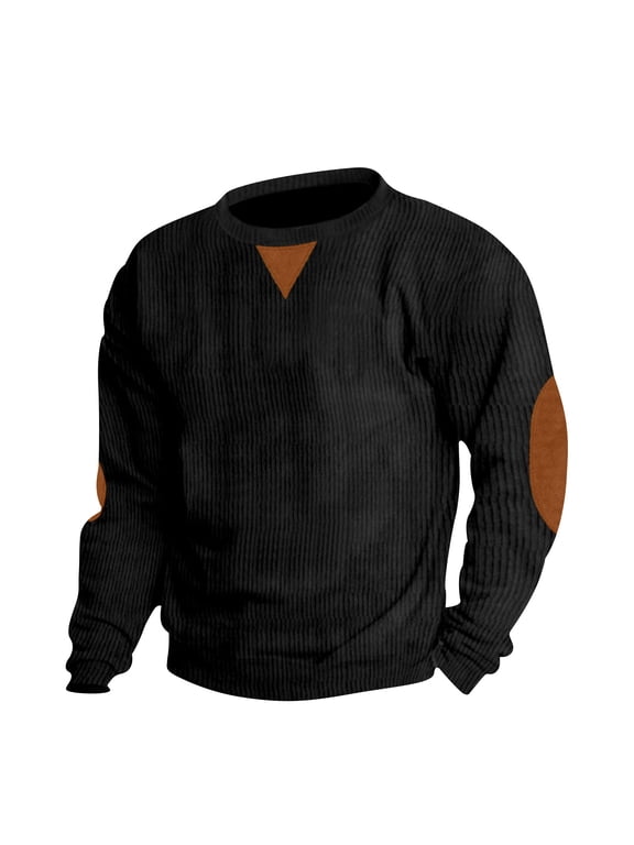 Mens Sweatshirts Corduroy Work Jumpers for Men Relaxed Fit Elbow Patch Workwear Vintage Solid Colour Sweater Comfy Long Sleeve Sweatshirt Fall Smart Casual Outwear