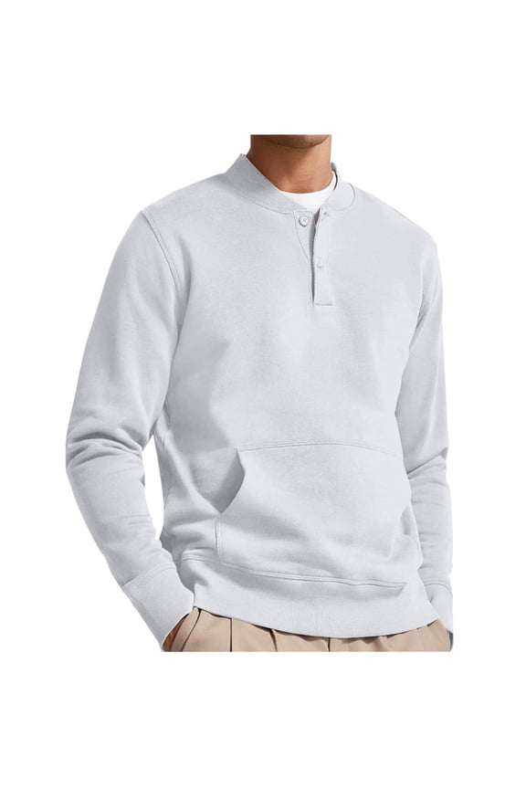 Mens Sweatshirts with Pockets Collar Neck Long Sleeve Jumpers Regular Fit Solid Pullover Lightweight Button Up Sweatshirt Basic Work Wear Autumn Active Top for Men