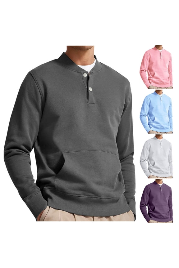 Mens Sweatshirts with Pockets Collar Neck Long Sleeve Jumpers Regular Fit Solid Pullover Lightweight Button Up Sweatshirt Basic Work Wear Autumn Active Top for Men