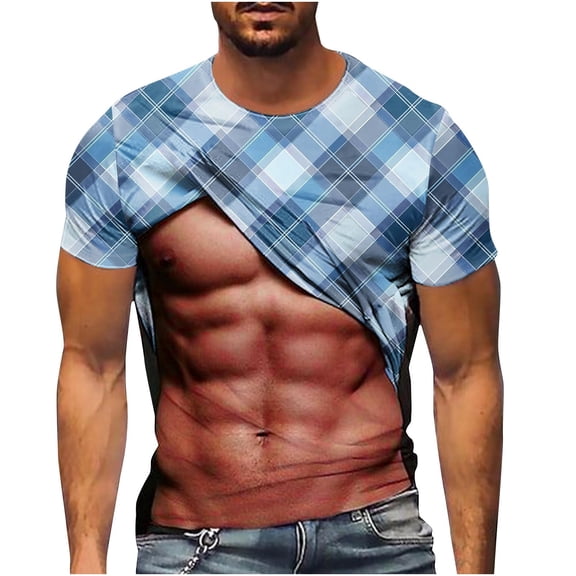 Bazeneo Mens T-shirts Novelty Muscle T Shirts for Men Funny Short Sleeve Fake Muscle Tshirts 3d Printed Abs Pattern Tops Round Neck Stretchable Gym Tees Summer Cool Fancy Dress Tall