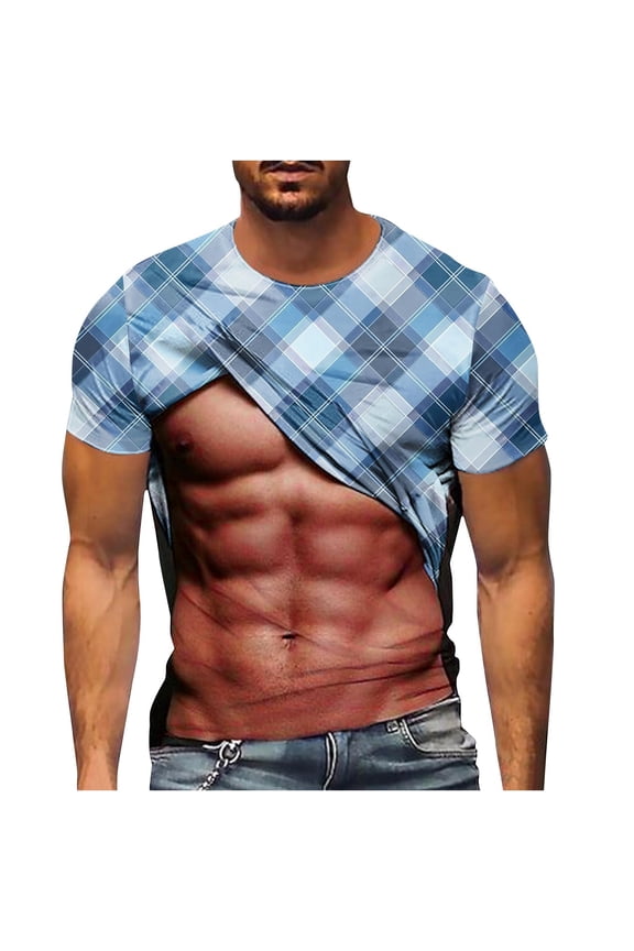 Mens T-shirts Novelty Muscle T Shirts for Men Funny Short Sleeve Fake Muscle Tshirts 3d Printed Abs Pattern Tops Round Neck Stretchable Gym Tees Summer Cool Fancy Dress Tall