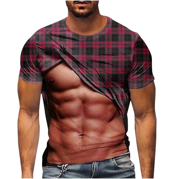 Bazeneo Mens T-shirts Novelty Muscle T Shirts for Men Funny Short Sleeve Fake Muscle Tshirts 3d Printed Abs Pattern Tops Round Neck Stretchable Gym Tees Summer Cool Fancy Dress Tall