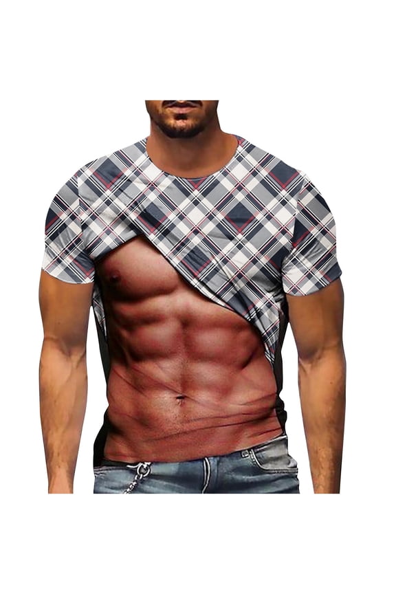 Mens T-shirts Novelty Muscle T Shirts for Men Funny Short Sleeve Fake Muscle Tshirts 3d Printed Abs Pattern Tops Round Neck Stretchable Gym Tees Summer Cool Fancy Dress Tall