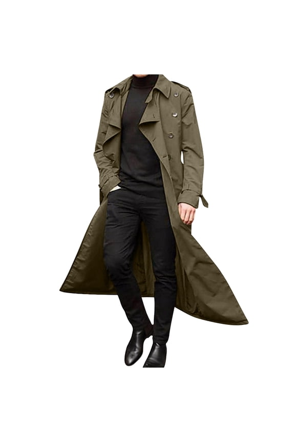 Mens Trench Coat Full Length Lightweight Windbreaker Double Breasted Turndown Collar Trench Coats Long Sleeve Regular Fit Coats Solid Colour Windproof Overcoat Casual Outwear