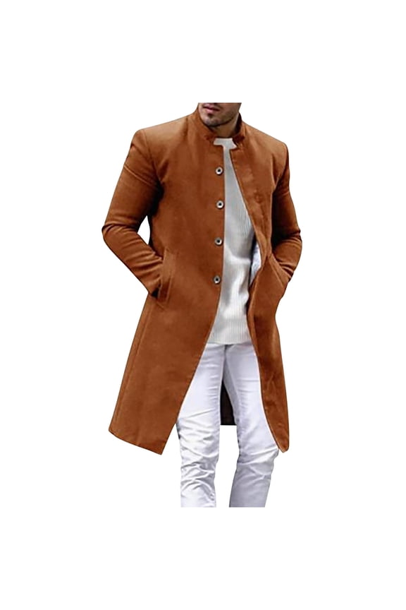 Mens Trench Coat Mid Length Wool Blend Overcoat Winter Warm Single Breasted Pea Coats Thermal Stand Collar Windbreaker Solid Colour Classic Coats with Pockets Casual Peacoat