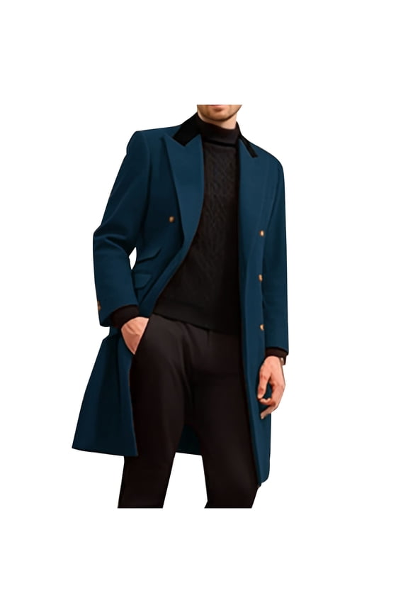 Mens Trench Coat Wool Blend Mid Length Overcoat Peaked Lapel Double Breasted Windbreaker Long Sleeve Regular Fit Business Coats Winter Thick Outwear with Pocket Business Coats