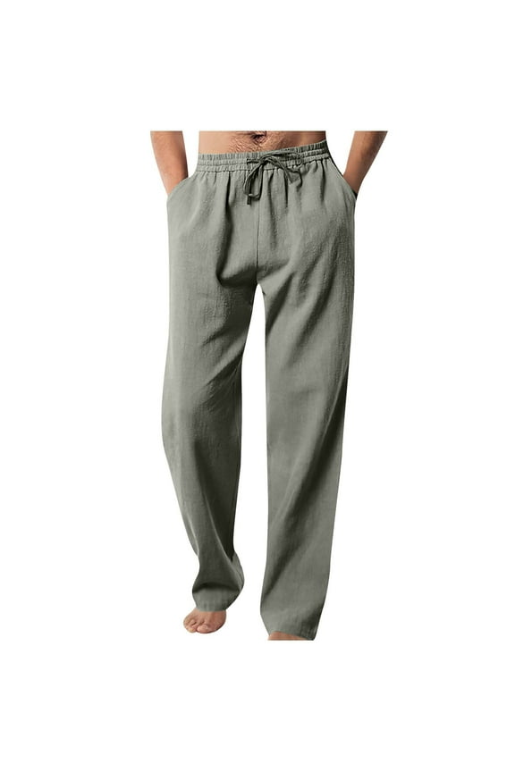 Mens Trousers with Pockets Elasticated Waist Casual Trouser Plain Adjustable Drawstring Pants Straight Wide Leg Bottoms Baggy Summer Beachwear Loungewear for Men Tall