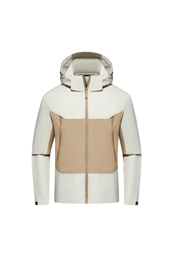 Mens Waterproof Jackets Large Winter Thermal Casual Jacket with Detachable Hood Water Resistant Warm Rain Coat Full Zip Colour Block Windbreaker Outdoor Running Sportswear