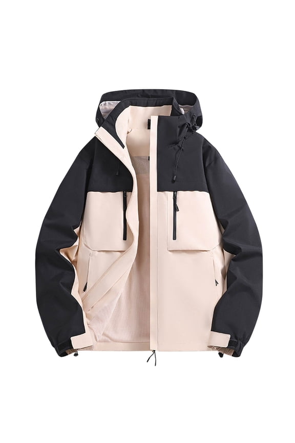 Mens Waterproof Jackets Lightweight Hooded Rain Jacket Color Blocking Raincoat with Hood Breathable Multi Pockets Windbreaker Outdoor Windproof Coat for Walking Hiking Tall