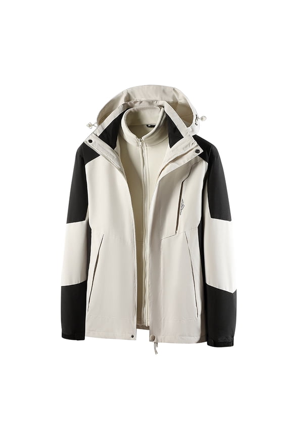 Mens Waterproof Jackets Winter Outdoor 3 in 1 Jackets Fleece Lined Warm Rain Coat with Hood Colour Block Thicken Thermal Casual Jacket Climbing Ski Sportswear for Men