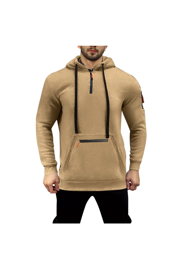 Mens Work Hoodies Quarter Zip Jumpers Long Sleeve Classic Fit Tactical Hoodie Drop Shoulder Hooded Sweatshirts with Pockets Workwear Hiking Workout Outfits