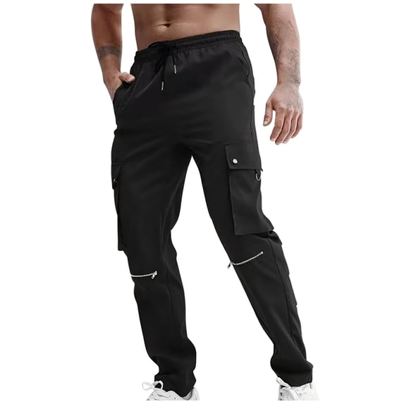 Bazeneo Mens Work Trousers with Zip Pockets Adjustable Drawstring Cargo Trouser Elastic Waist Combat Pants Relaxed Fit Straight Leg Workwear Camping Walking Outfits for Men Large