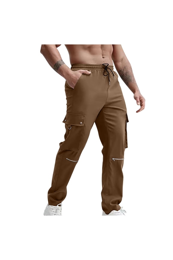Mens Work Trousers with Zip Pockets Adjustable Drawstring Cargo Trouser Elastic Waist Combat Pants Relaxed Fit Straight Leg Workwear Camping Walking Outfits for Men Large