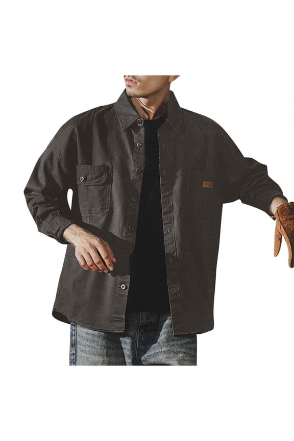 Overshirt Mens Long Sleeve Shirt Jacket Regular Fit Button Down Shacket Retro Plain Colour Work Shirts Designer Workwear with Pockets Lightweight Spring Clothing for Men
