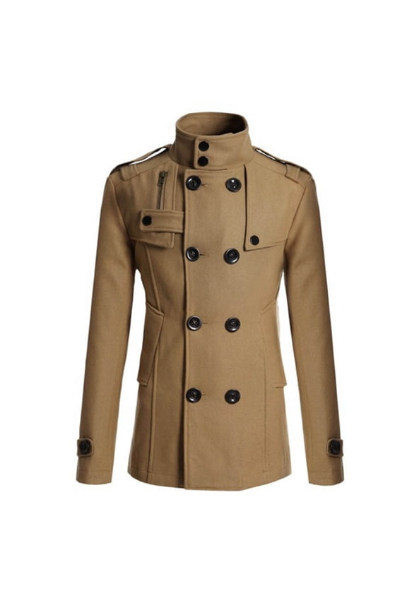 Pea Coat Men Winter Wool Blend Business Overcoat Double Breasted Hip Length Trench Coat Lapel Collar Slim Fit Peacoat Long Sleeve Thicken Outwear Warm Windbreaker with Pockets
