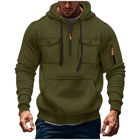 Bazeneo Quarter Zip Jumper Men Fleece Work Hoodies with Cargo Pocket Long Sleeved Baggy Hooded Sweatshirts Solid Colour Ribbed Cuff Tactical Hoodie Spring Autumn Mens Clothes