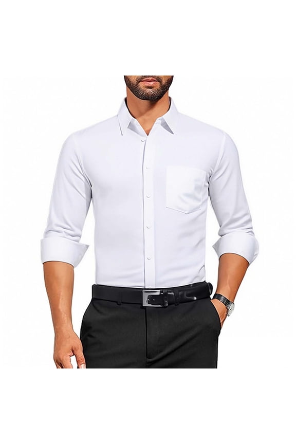 Shirt Mens Wrinkle Free Designer Dress Shirts Long Sleeved Button Down Formal Shirts Muscle Fit Shirt with Chest Pocket Solid Colour Stretch Tops Business Menswear for Office