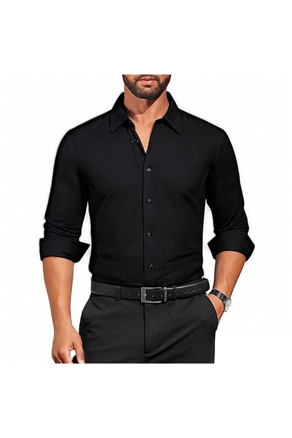 Shirt Mens Wrinkle Free Designer Dress Shirts Long Sleeved Button Down Formal Shirts Muscle Fit Shirt with Chest Pocket Solid Colour Stretch Tops Business Menswear for Office