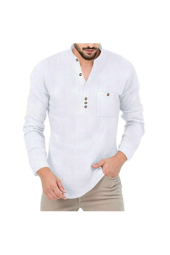 T Shirts for Men Summer Cotton Linen Tshirts with Pocket Long Sleeve Stand Collar T-Shirts Lightweight V Neck Beach Tops Plain Colour Designer Tees Vacation Clothes