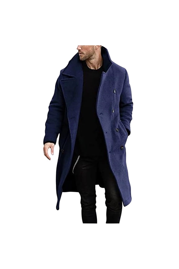 Trench Coat Men Wool Blend Winter Overcoat Mid Length Double Breasted Peacoats Long Sleeve Heavyweight Business Coats Solid Colour Regular Fit Windbreaker Mens Casual Outwear