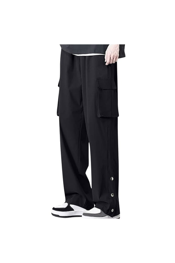Trousers for Men with Pockets Casual Summer Trouser Elastic Waist Side Buckle Split Bottoms Solid Straight Leg Pants Loose Fit Cargo Pant Mens Lounge Wear Plus Size M-5XL