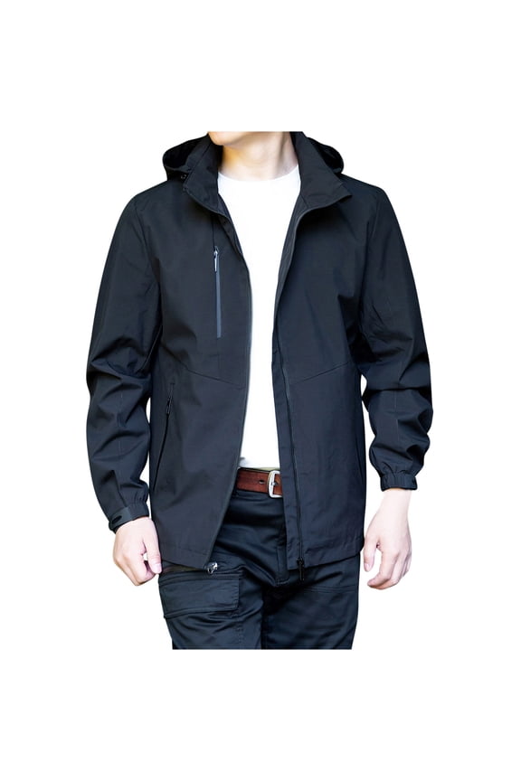 Waterproof Jackets for Men Hooded Outdoor Jackets Long Sleeve Softshell Windbreaker Jacket Solid Zip Pocket Sportswear Adjustable Hood Casual Outwear Travel Running Coats