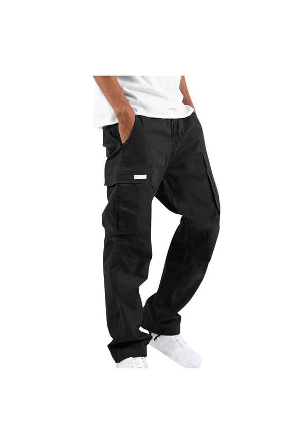 Work Trousers Men Cotton Cargo Pants Elasticated Waist Drawstring Workwear Solid Colour Combat Bottoms with Pockets Durable Utility Trouser Outdoor Hiking Camping Clothes Tall