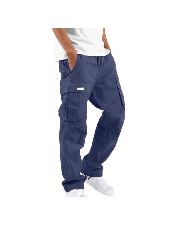 Work Trousers Men Cotton Cargo Pants Elasticated Waist Drawstring Workwear Solid Colour Combat Bottoms with Pockets Durable Utility Trouser Outdoor Hiking Camping Clothes Tall