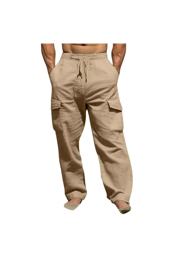 Work Trousers Men Elasticated Waist Drawstring Pants Solid Baggy Cargo Trouser Wide Leg Combat Pant Casual Bottoms with Pockets Mens Hiking Climbing Clothes Plus Size S-3XL