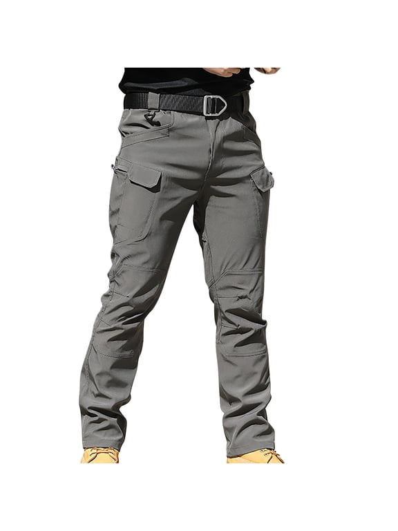 Work Trousers Men with Knee Pads Slim Fit Cargo Trouser Multi Pocket Combat Pants Solid Colour Ripstop Workwear Heavy Duty Tactical Bottoms for Climbing Hiking L-4XL (No Belt)