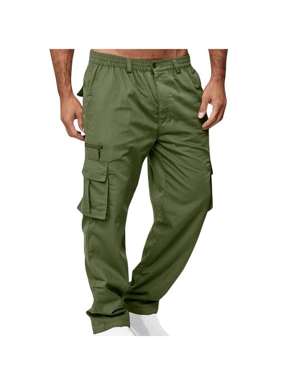 Work Trousers Men with Zip Pockets Elastic Waist Cargo Trouser Solid Colour Casual Combat Pants Straight Leg Durable Workwear Outdoor Mens Clothes for Climbing Fishing Tall